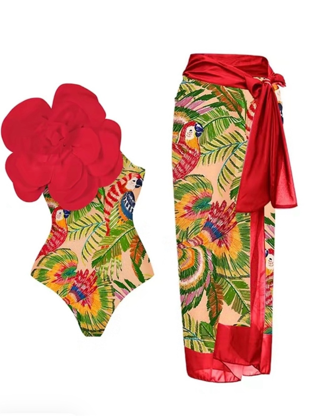 Tropical Parrot One-Piece Swimsuit with Red Sarong
